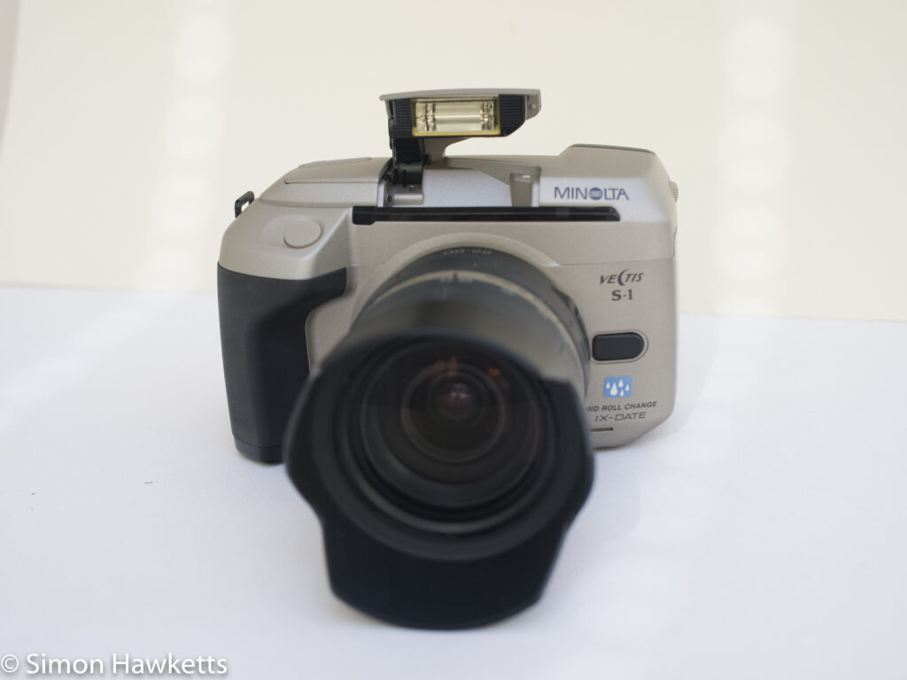 Minolta Vectis S-1 APS camera showing flash up