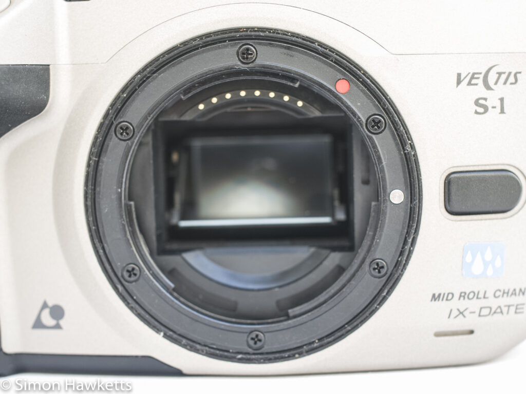 Minolta Vectis S-1 APS camera showing lens mount and mirror