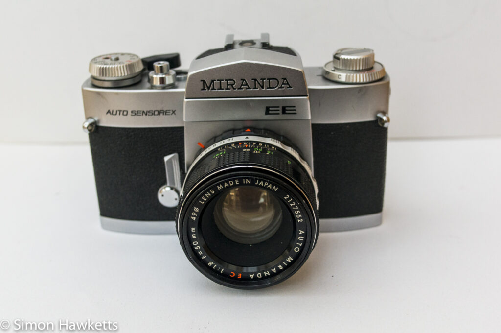 Front view of the Miranda Sensorex EE 35mm camera with lens and viewfinder fitted