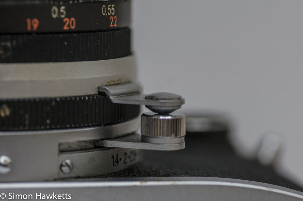 Miranda Automex III 35mm SLR camera showing aperture coupling arm