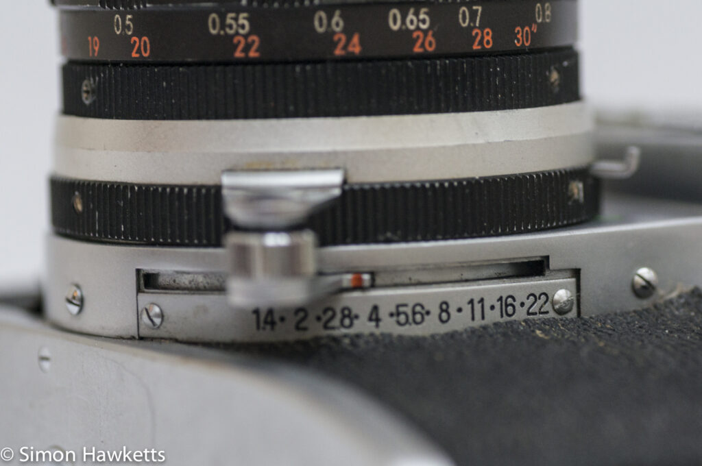 Miranda Automex III 35mm SLR camera showing aperture scale