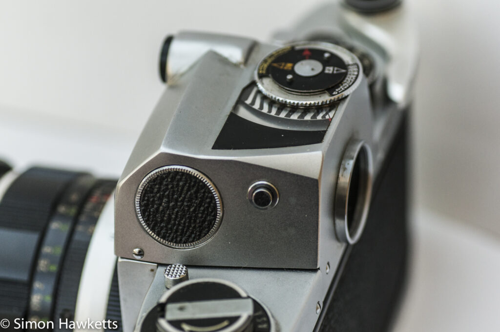 Miranda Fm 35mm slr camera showing light measure button and battery compartment