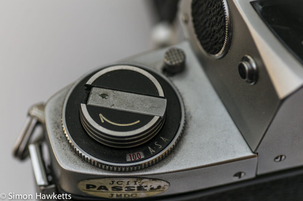 Miranda Fm 35mm slr camera showing rewind crank and iso reminder