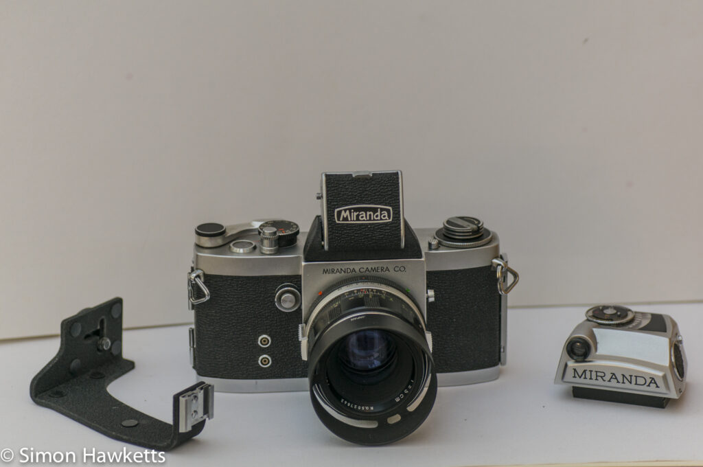 Miranda Fm 35mm slr camera showing waist finder, flash bracket and metered viewfinder