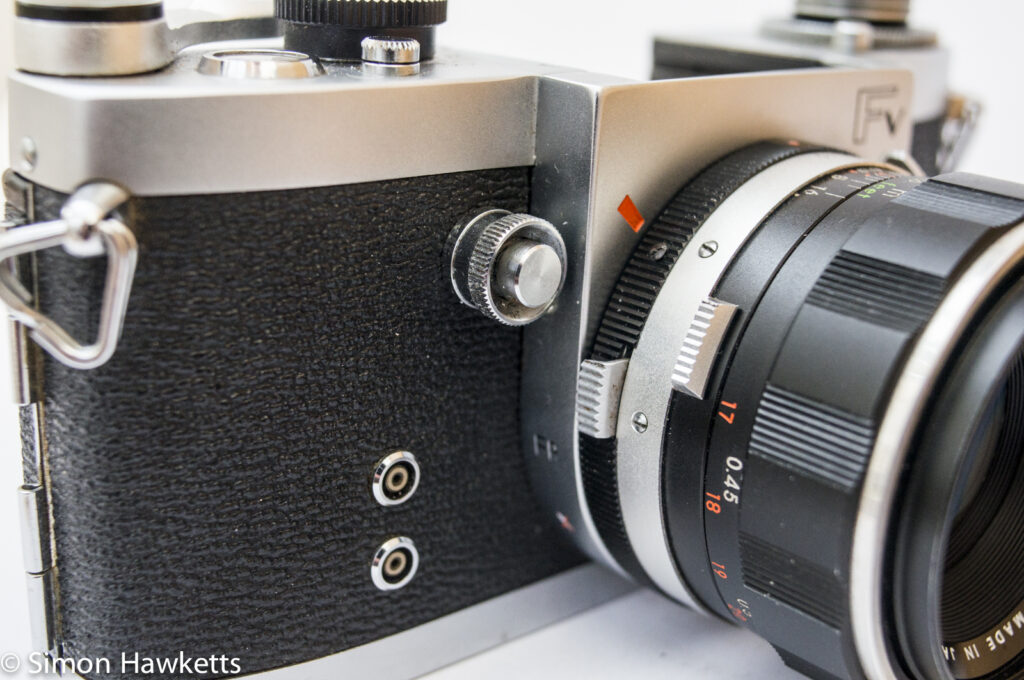 Miranda Fv 35mm slr showing lens release, shutter release and flash sync sockets