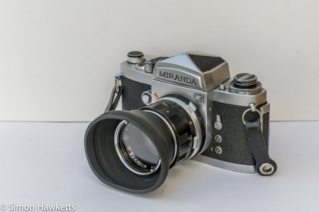 Miranda G 35mm slr camera showing collapsible hood and filter fitted