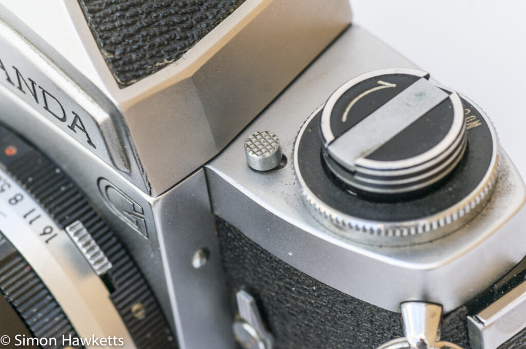 Miranda G 35mm slr camera showing viewfinder release button
