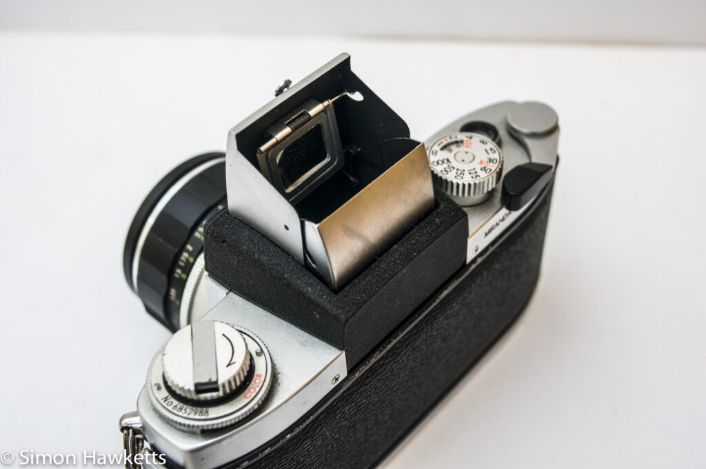 Miranda Sensomat RE 35mm slr camera showing waist level finder fitted