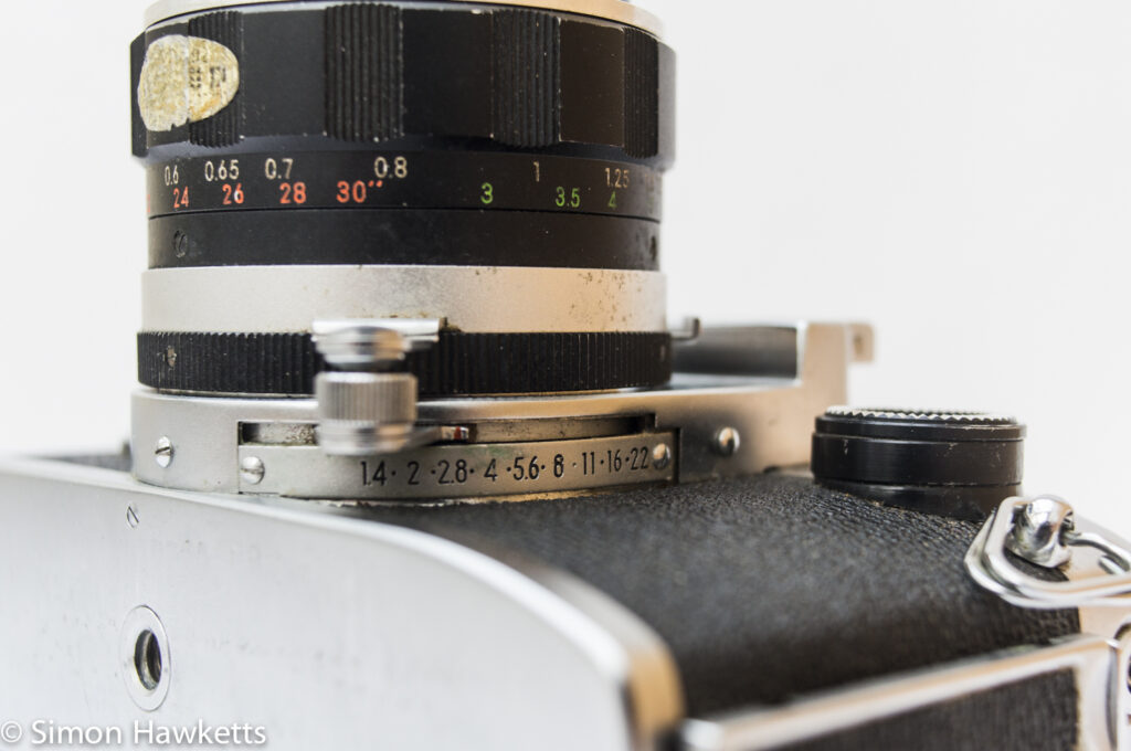 Miranda Sensorex 35mm slr camera showing aperture scale on the coupling arm