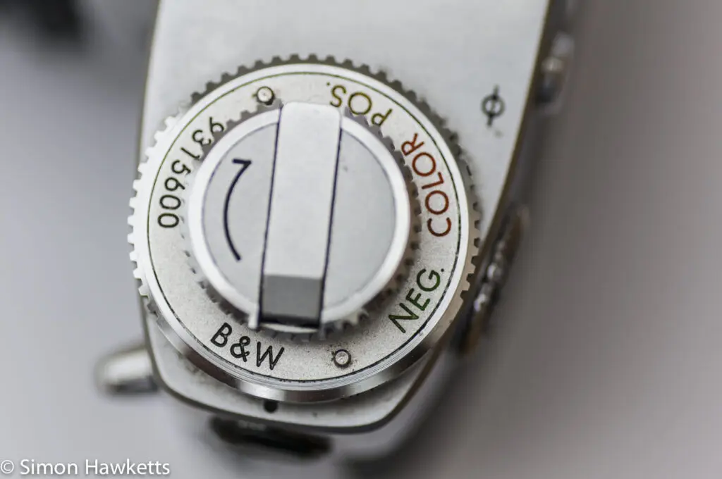 Miranda Sensorex EE2 35mm slr camera showing Rewind crank and film type reminder