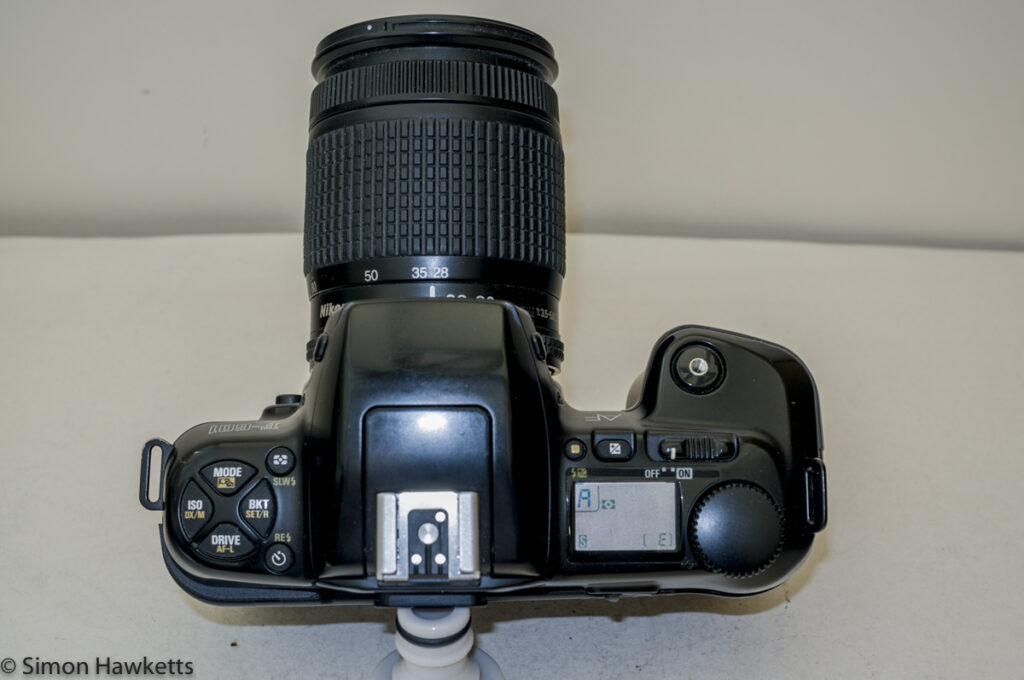 Nikon F-601 autofocus SLR - Top of camera showing control layout