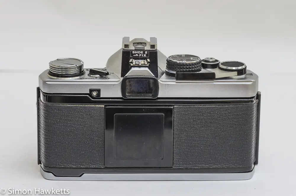 olympus om 2 35mm slr rear view with flash adaptor fitted