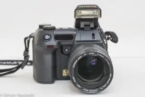 Olympus Camedia E-20p DSLR - front view with Flash raised