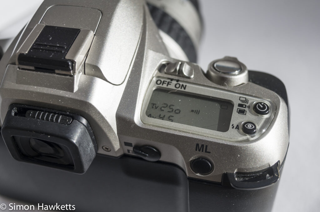Pentax MZ-7 35mm autofocus slr showing top plate LCD