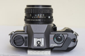 Pentax P30T manual focus 35mm slr top view showing shutter speed, film advance, on/off, rewind and hot shoe