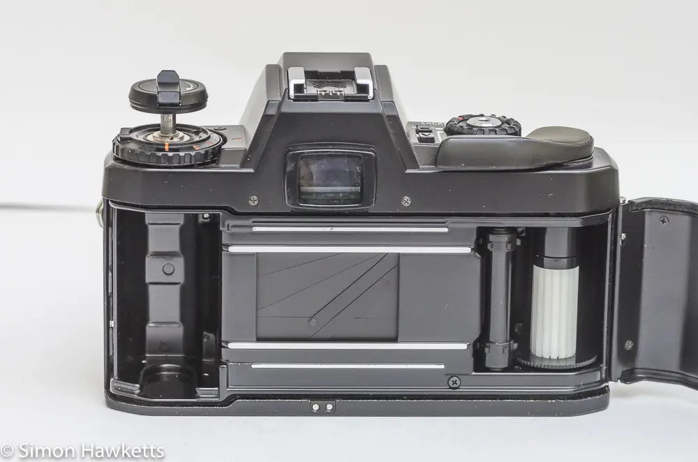 pentax program a 35mm slr camera showing rear door open and vertical metal shutter