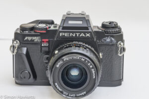 Pentax Program A 35mm slr front view with SMC Pentax-M 28mm lens