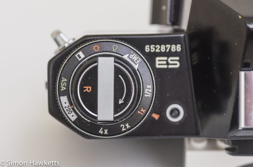 Pentax Spotmatic ES 35mm slr showing film speed setting, exposure compensation and film type