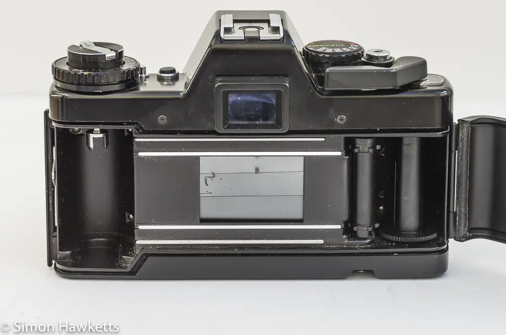 Praktica B200 film chamber showing virtical focal plane shutter