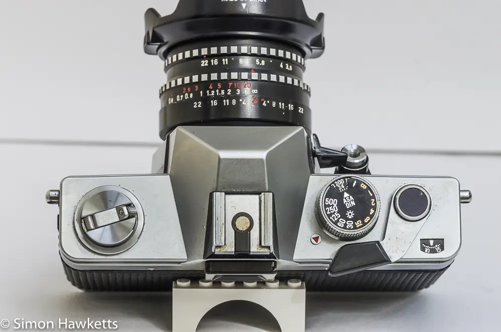 Praktica Super TL3 35mm single lens reflex camera top view showing general controls
