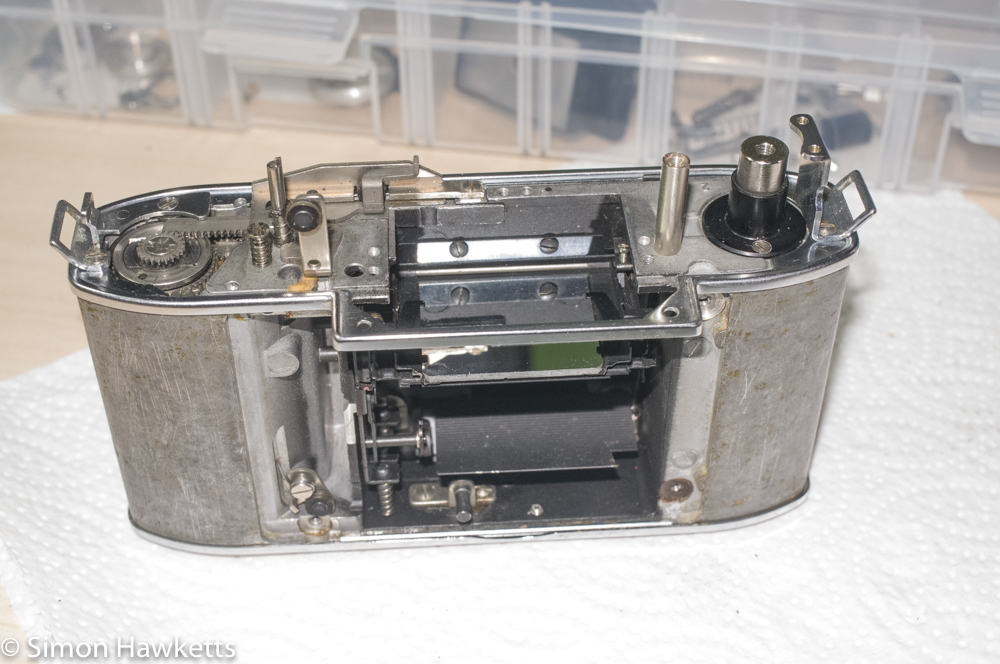Kodak Retina Reflex S film advance re-assembly - ready for the serviced shutter to be fitted