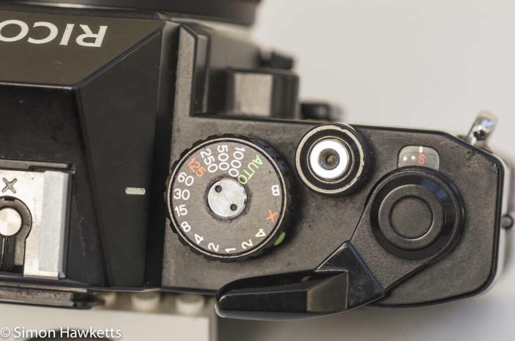 Ricoh KR-10 35mm SLR showing shutter speed, shutter release and film advance