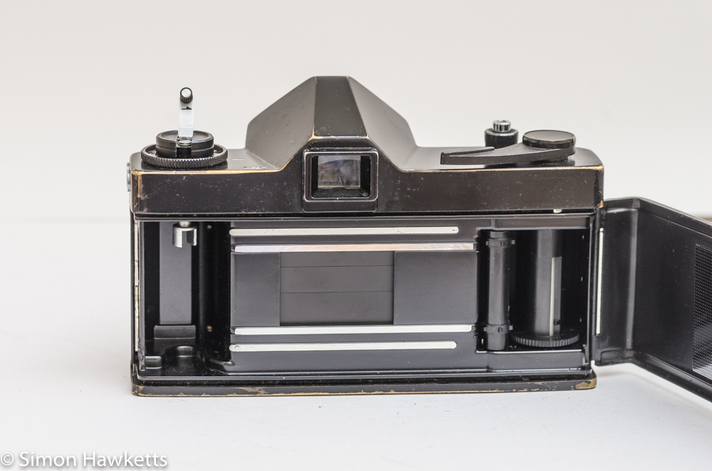 Ricoh Singlex TLS 35mm single lens reflex camera showing film door open and copal 'square' shutter