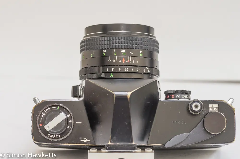 Ricoh Singlex TLS 35mm single lens reflex camera top view showing control layout