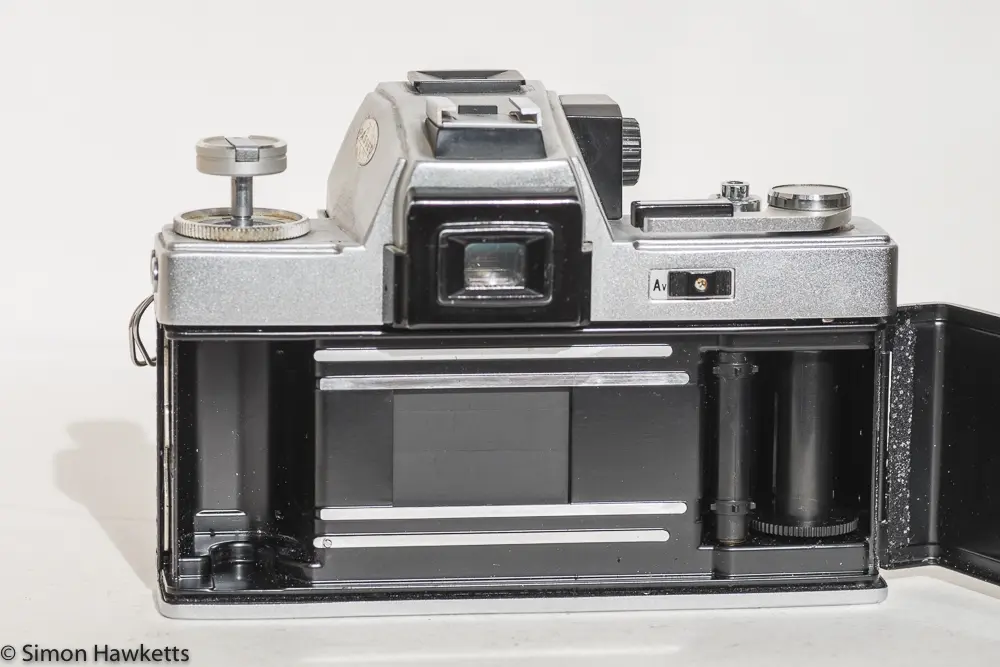 Ricoh TLS 401 35mm slr - rear view with film chamber open