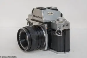 Ricoh TLS 401 35mm slr - side view showing metering switch and flash sync sockets
