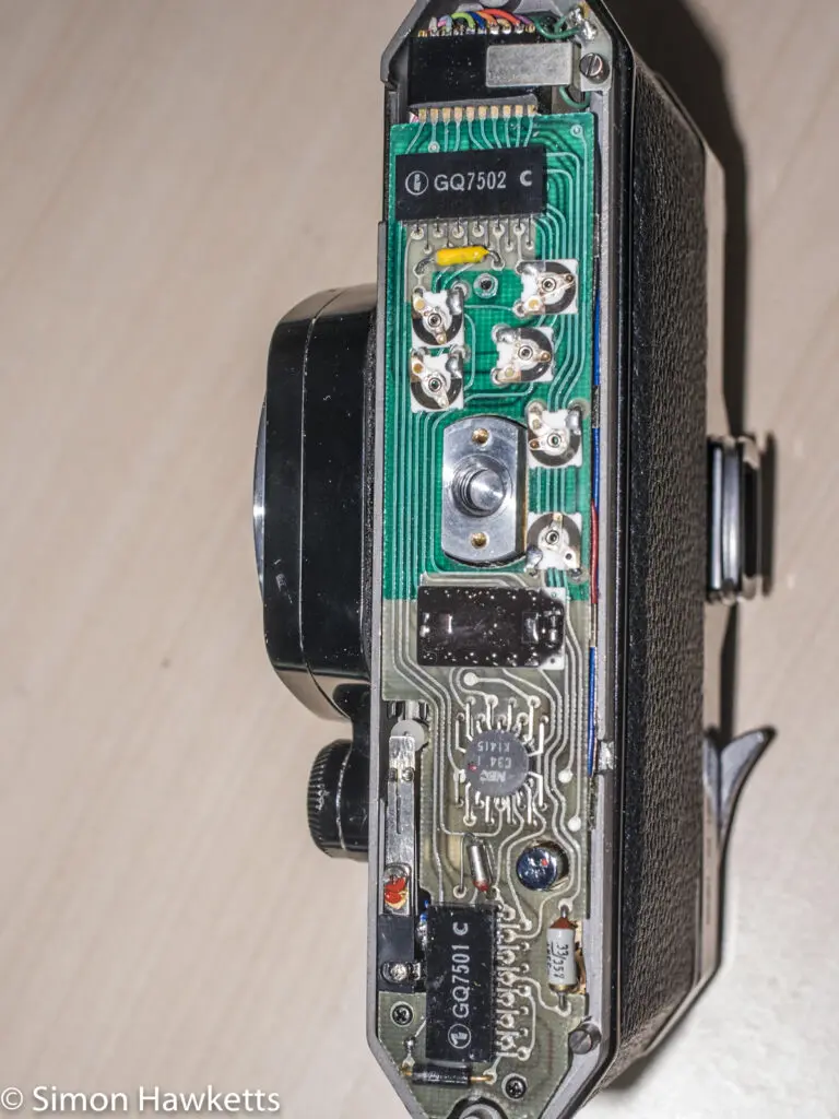 The PCB fitted under the bottom cover on the Spotmatic ES