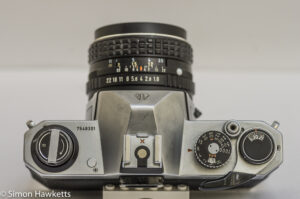 Top view of the Pentax K1000 showing control layout