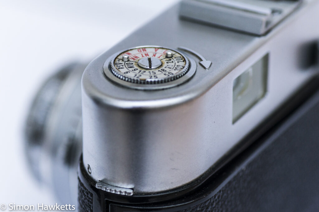 Voigtlander Vito B viewfinder camera showing film rewind pressed down