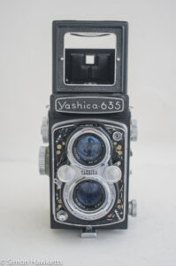 Yashica 635 TLR front view with sports finder