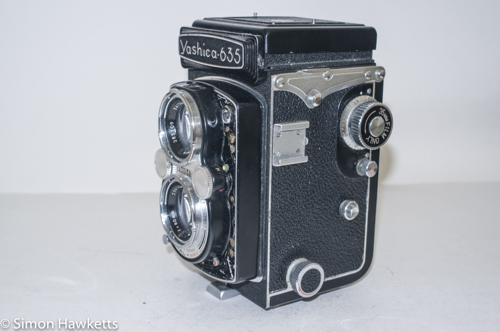 Yashica 635 TLR side view showing 35mm controls