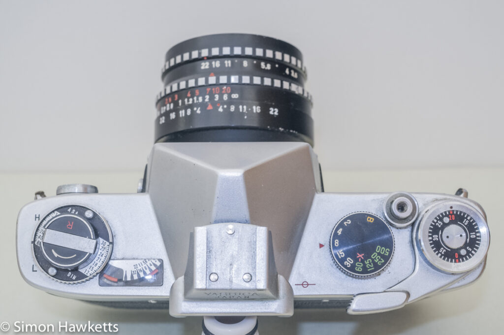 Yashica J-3 35mm slr camera - Top of camera controls