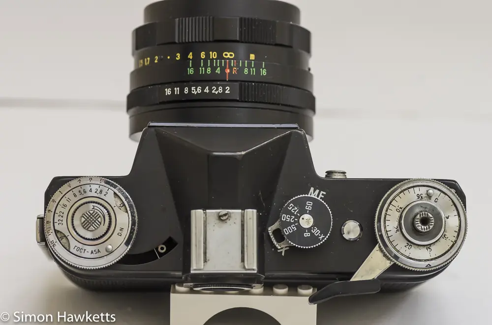 Top view of the Zenit E 35mm camera showing controls