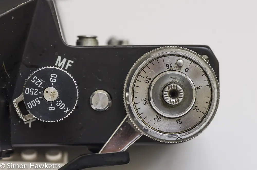 The Shutter speed dial and film advance on the Zenit E