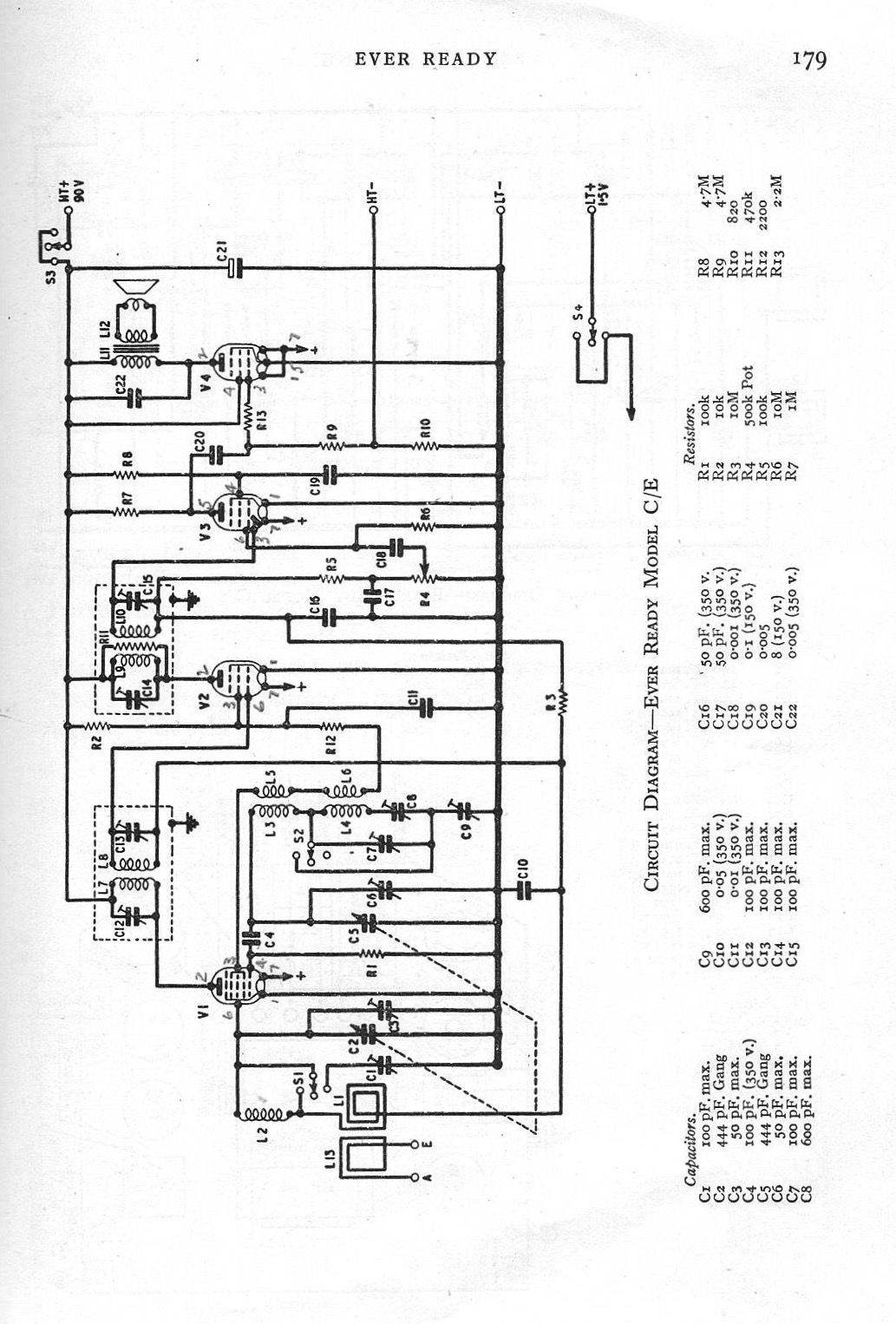 The circuit diagram of the Ever Ready Type C vintage valve radio set