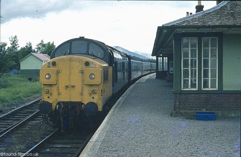 A Diesel train at Rannoch Moor station