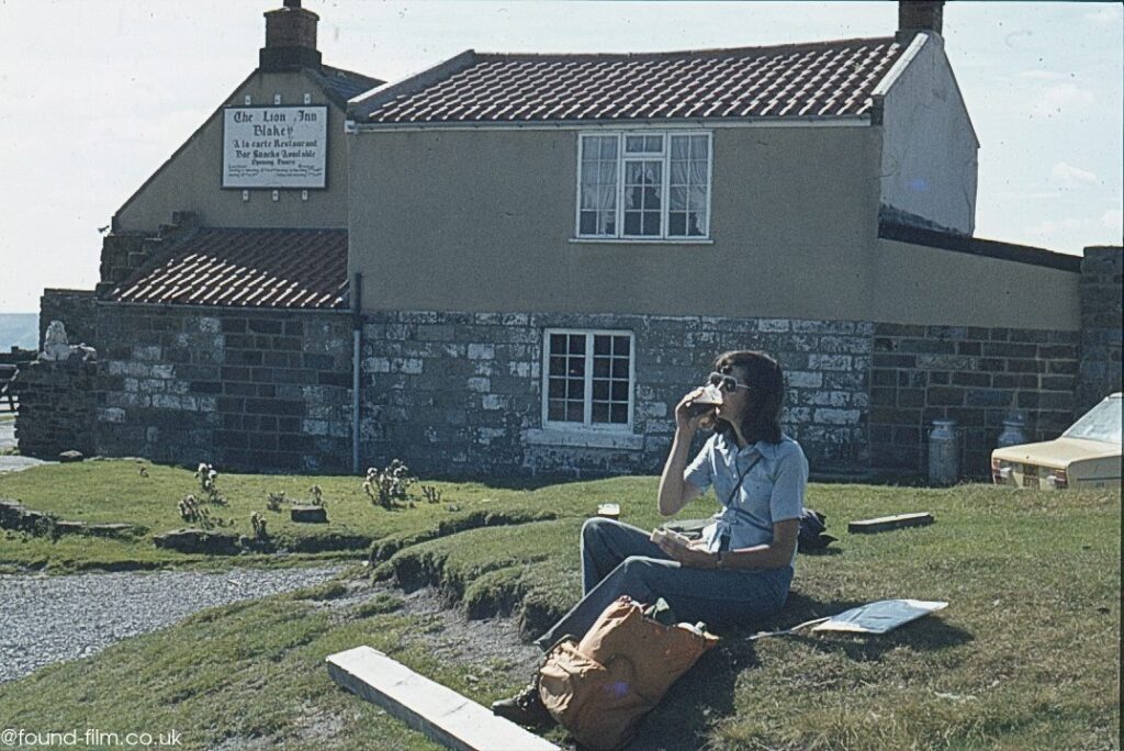 Taking lunch outside the Lion Inn, Blakey - September 1979