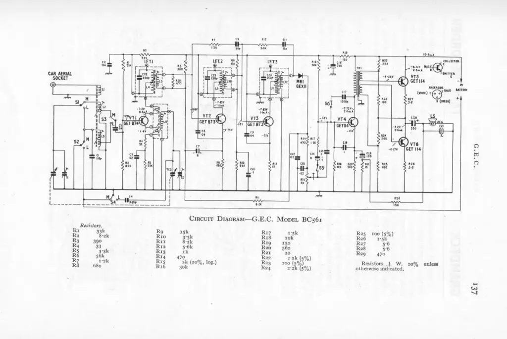 Circuit diagram of the GEC BC561 radio set